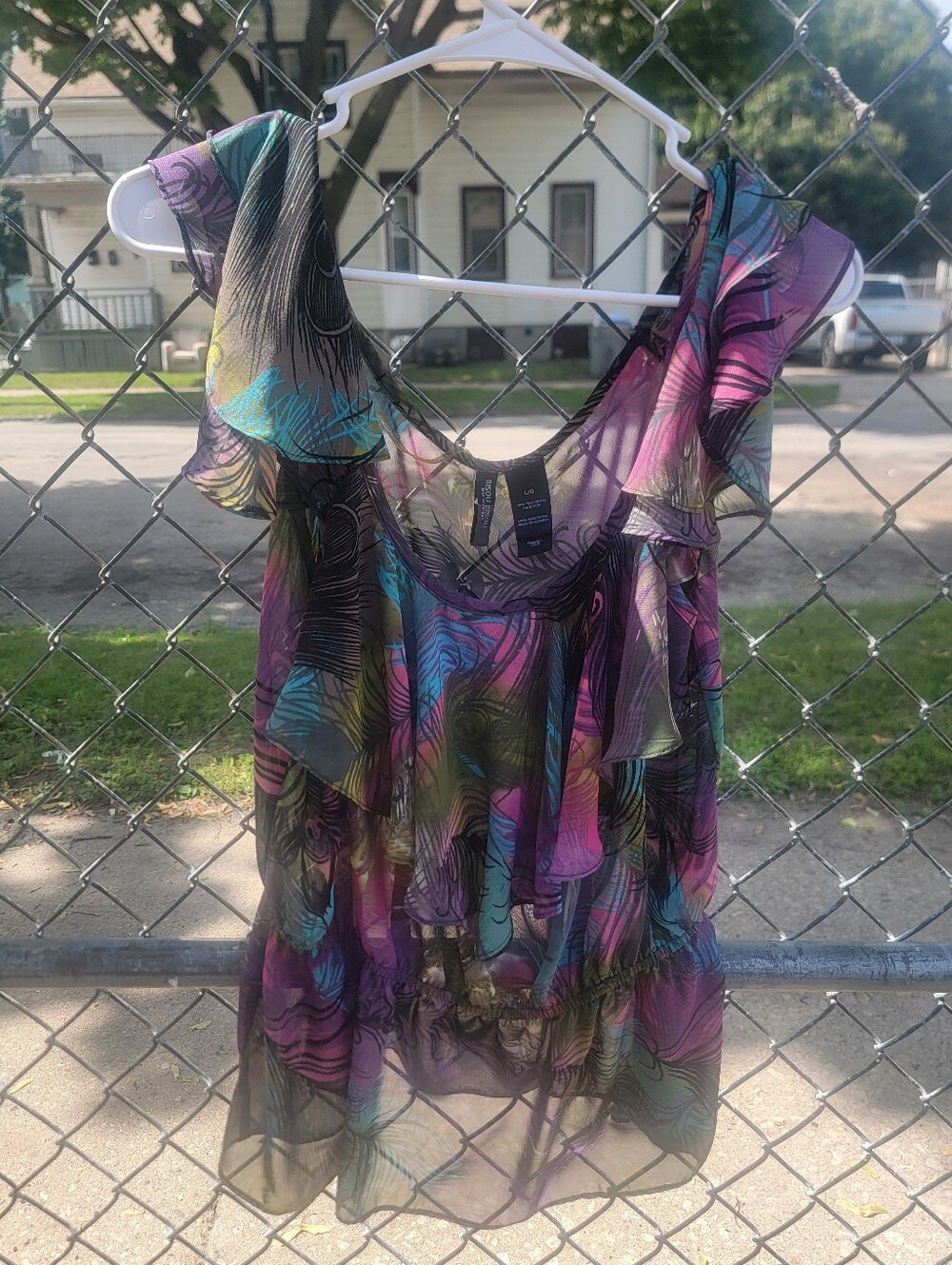 Bisou Bisou Sheer Ruffle Blouse Multicolor Y2K Boho Size L